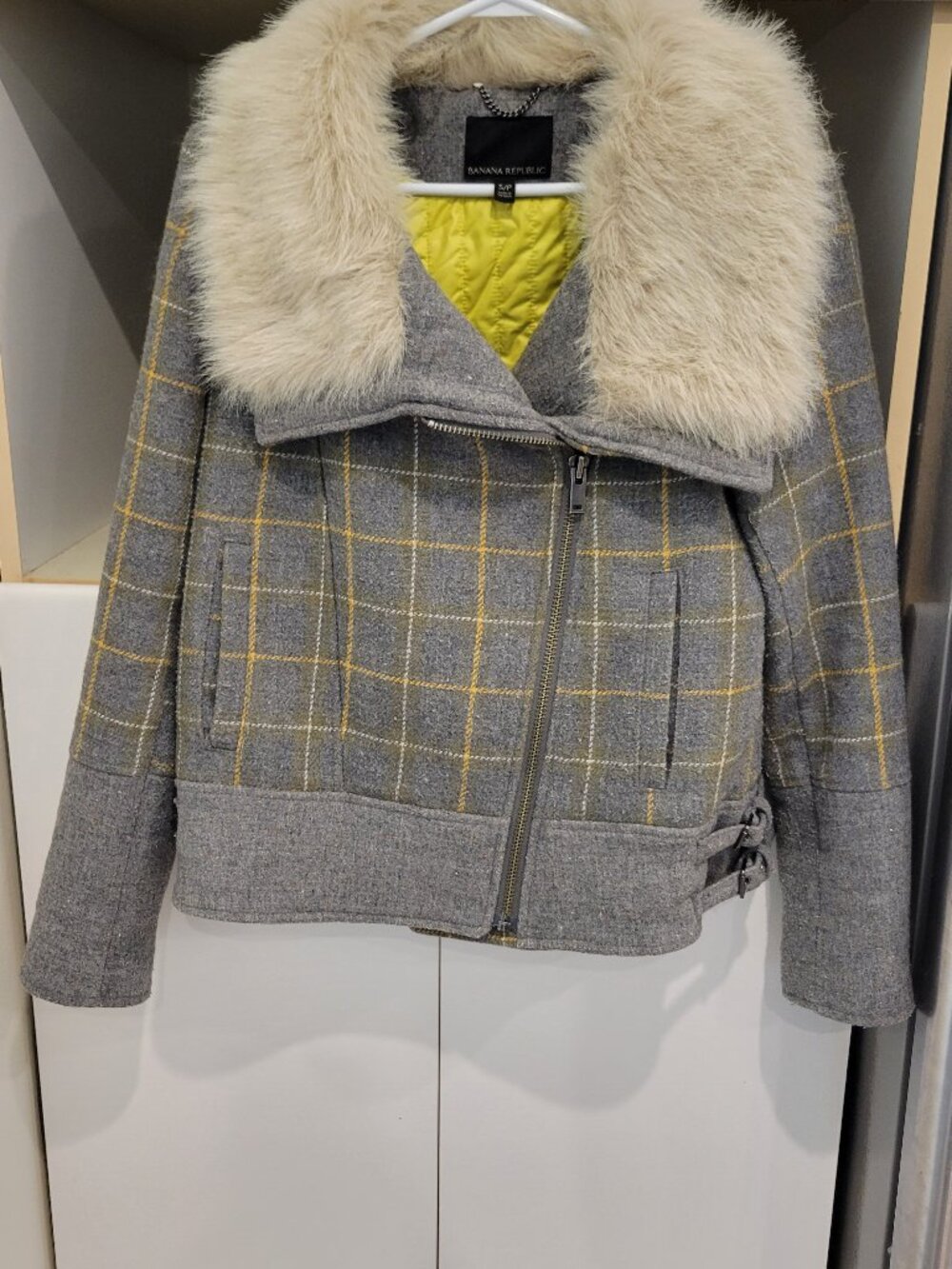 Banana Republic Plaid Moto Faux- Fur Collar Jacket